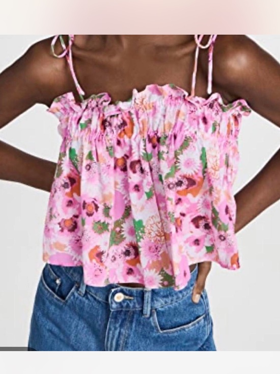 Ganni Tops - Ganni Pink Floral Tie-Shoulder Ruffle Crop Camisole